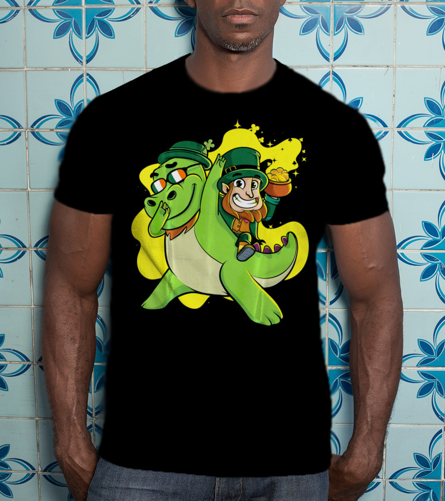 Dabbing Dinosaur And Leprechaun With Gold For St Patrick's Day T-Shirt