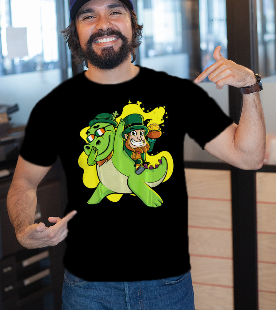 Dabbing Dinosaur And Leprechaun With Gold For St Patrick's Day T-Shirt