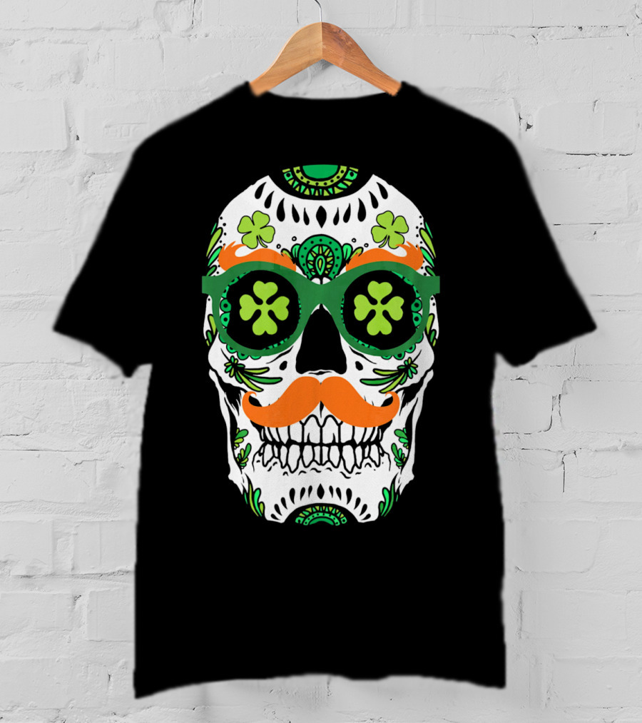 Sugar Skull Clover Mustache St. Patrick's Day T-Shirt