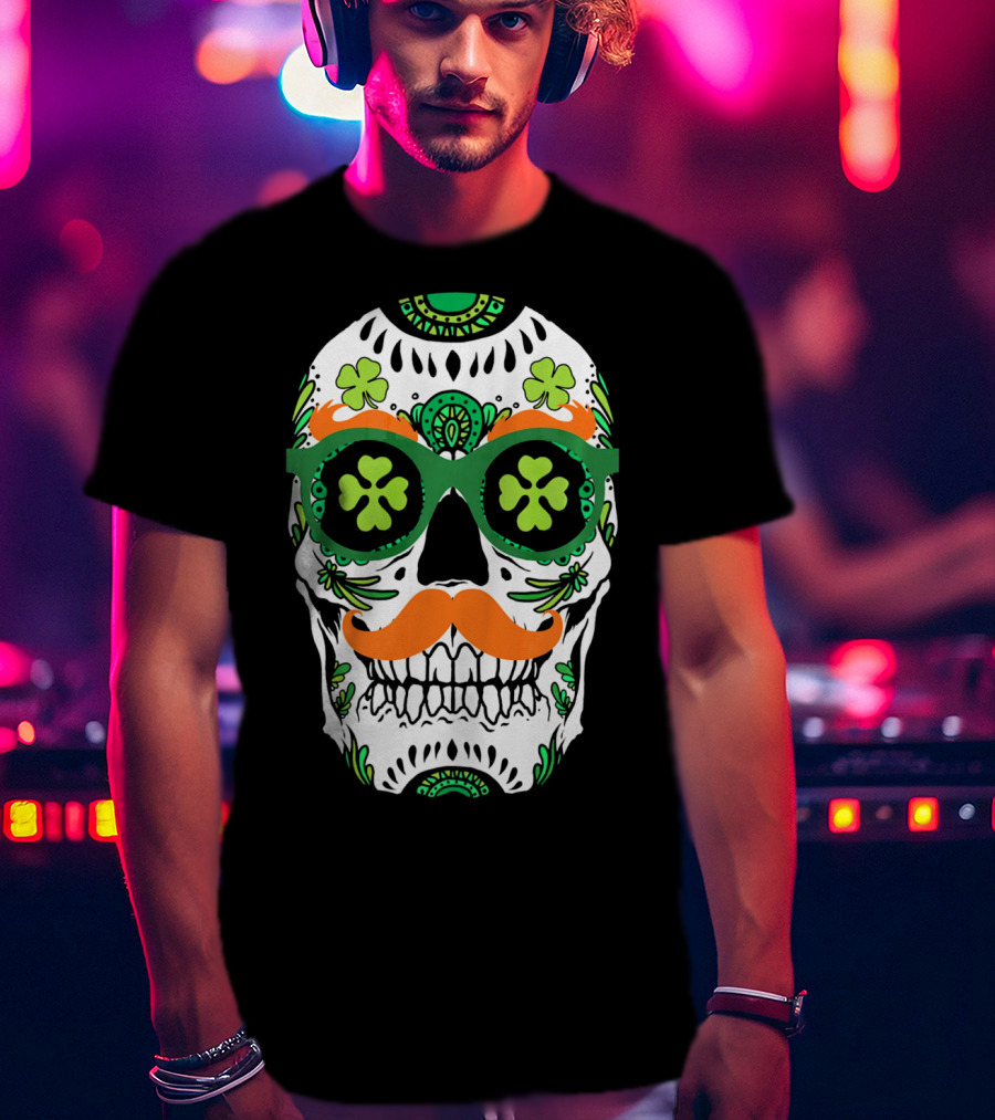 Sugar Skull Clover Mustache St. Patrick's Day T-Shirt