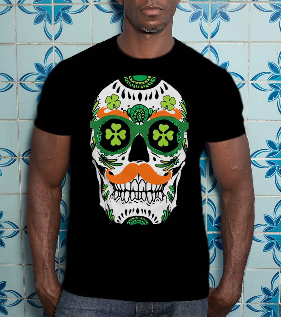 Sugar Skull Clover Mustache St. Patrick's Day T-Shirt