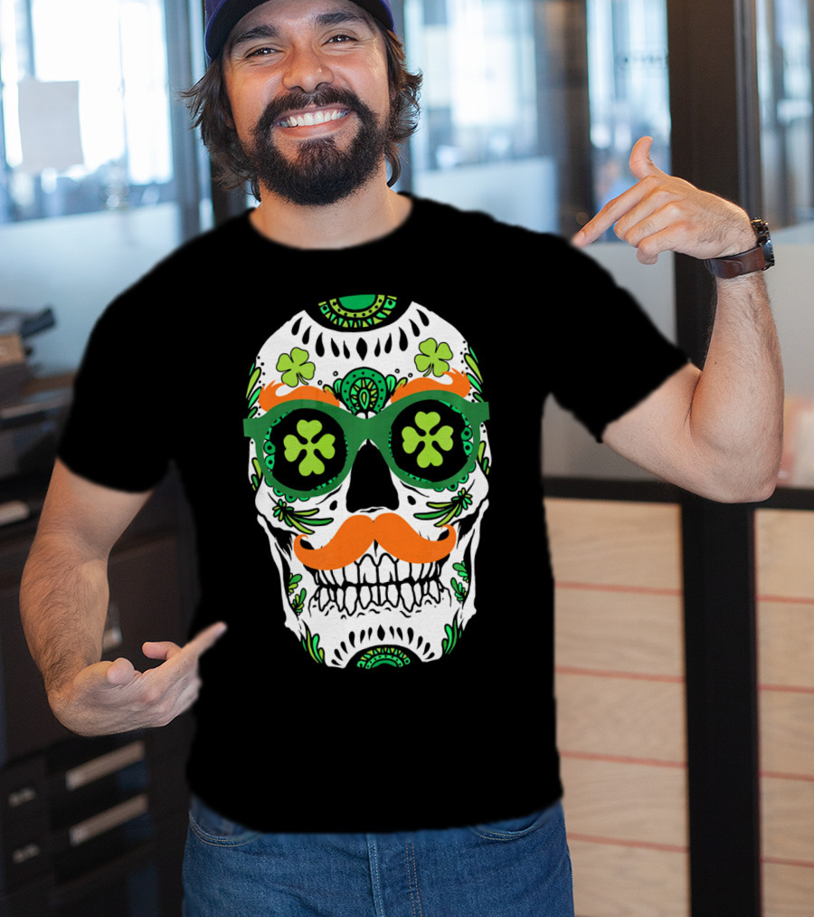 Sugar Skull Clover Mustache St. Patrick's Day T-Shirt