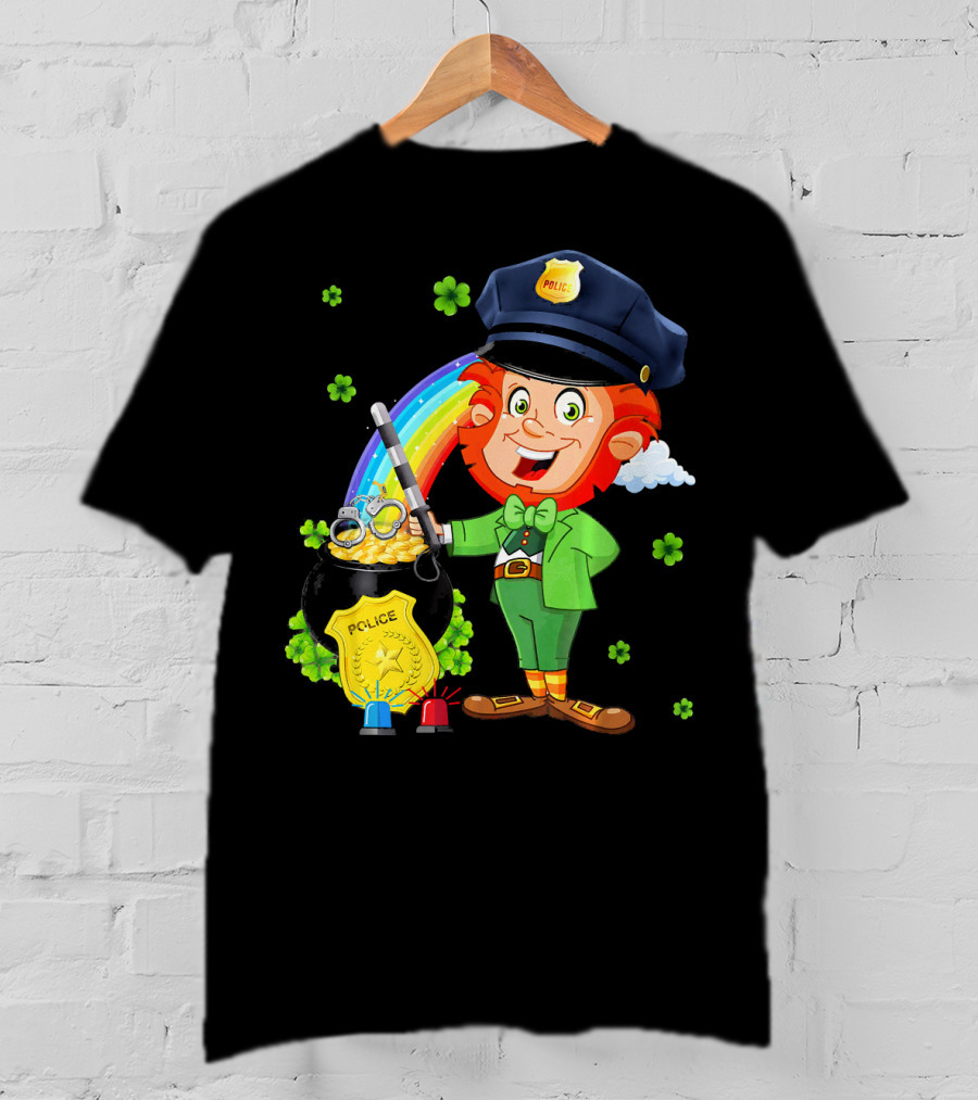 Police Leprechaun Pot Of Gold Rainbow Clover St. Patricks T-Shirt