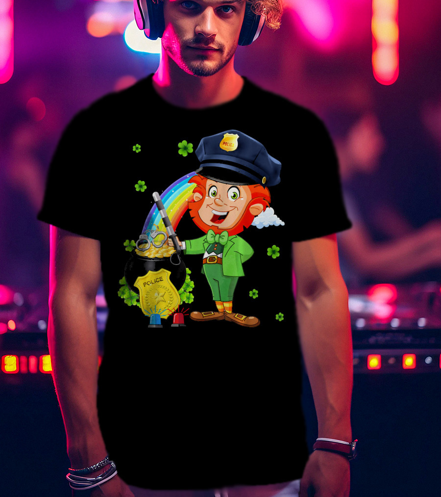 Police Leprechaun Pot Of Gold Rainbow Clover St. Patricks T-Shirt