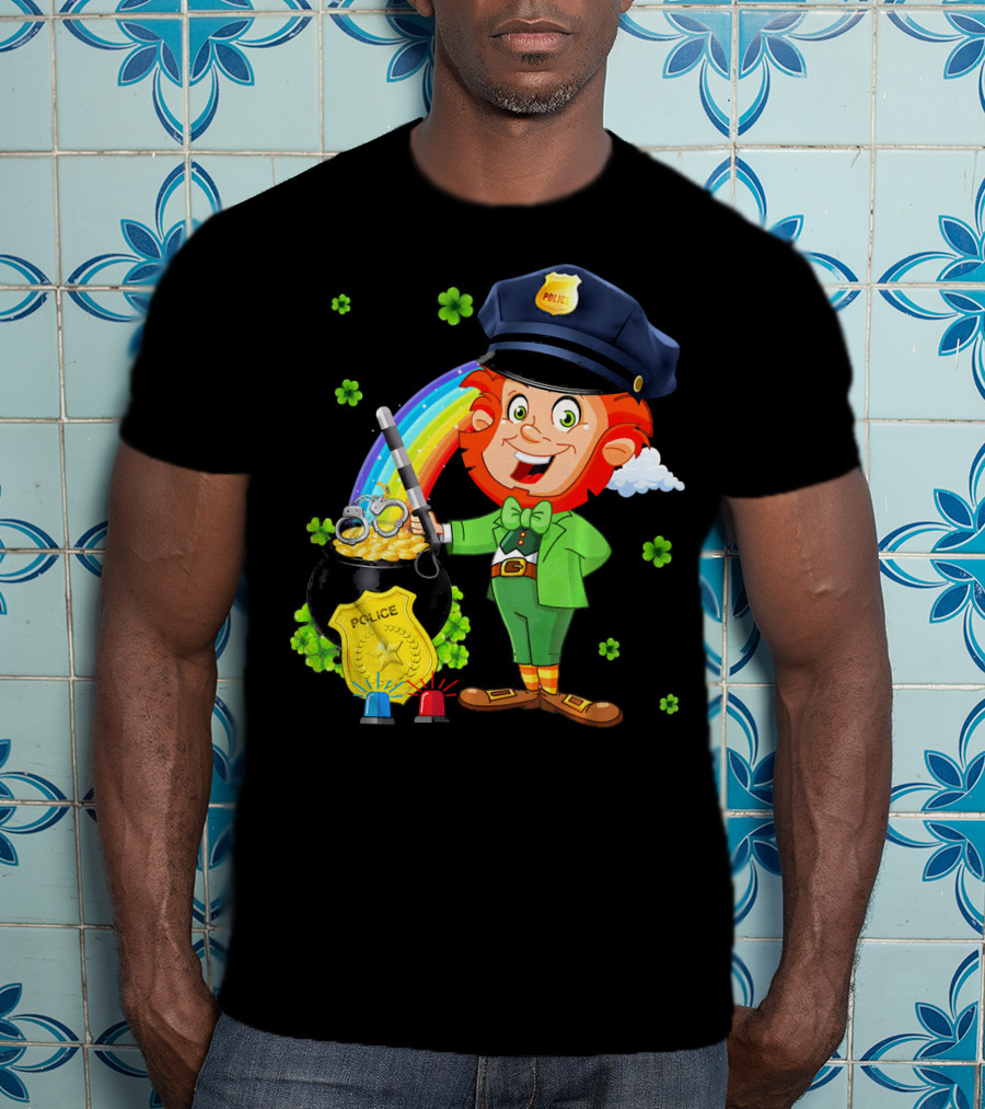 Police Leprechaun Pot Of Gold Rainbow Clover St. Patricks T-Shirt