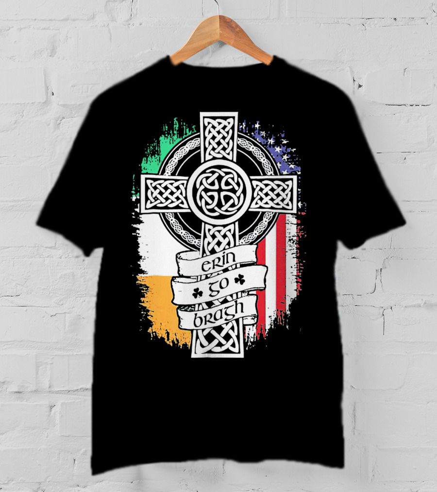 Erin Go Bragh Celtic Cross Irish American Flag T-Shirt