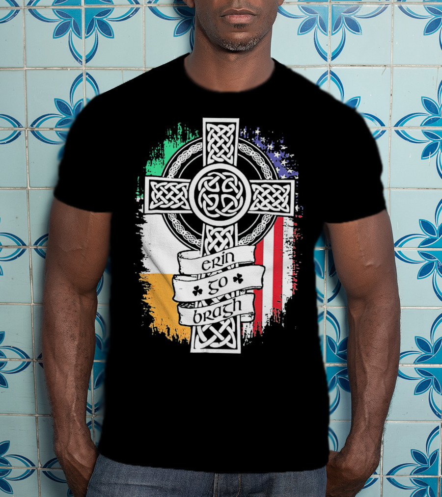 Erin Go Bragh Celtic Cross Irish American Flag T-Shirt