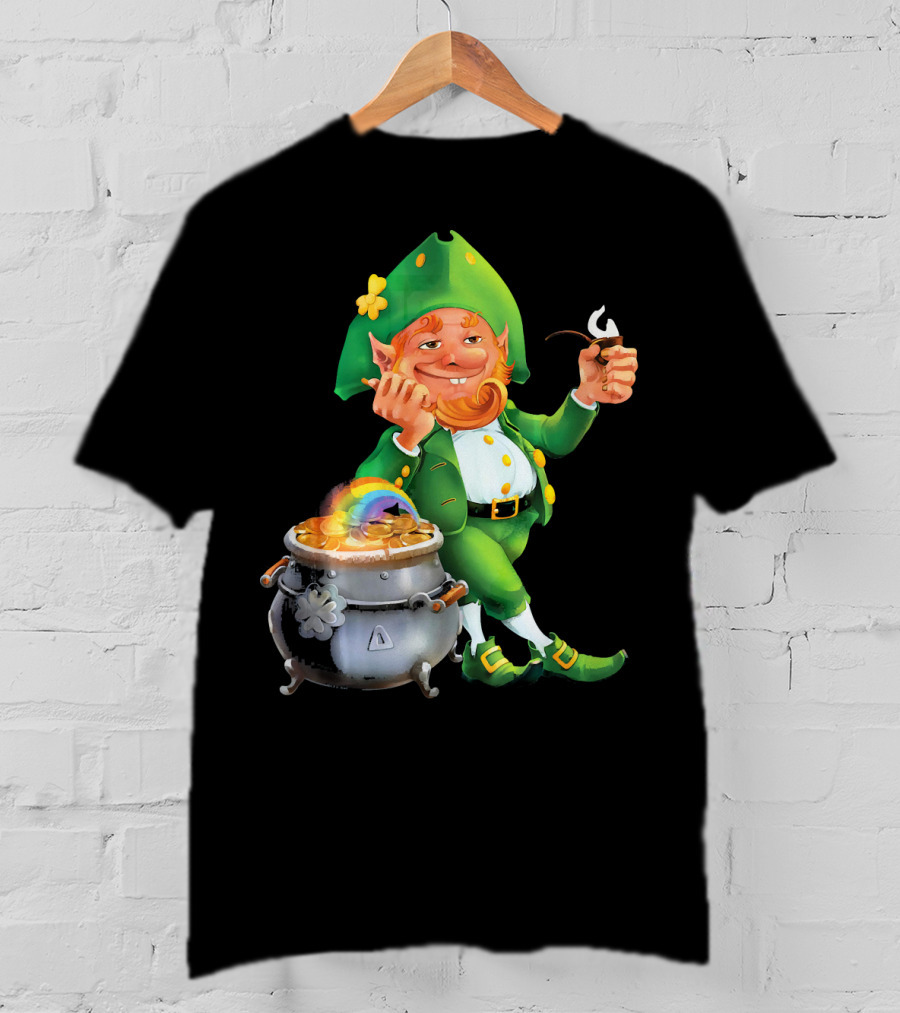 Cool Leprechaun With Rainbow And Gold Pot T-Shirt