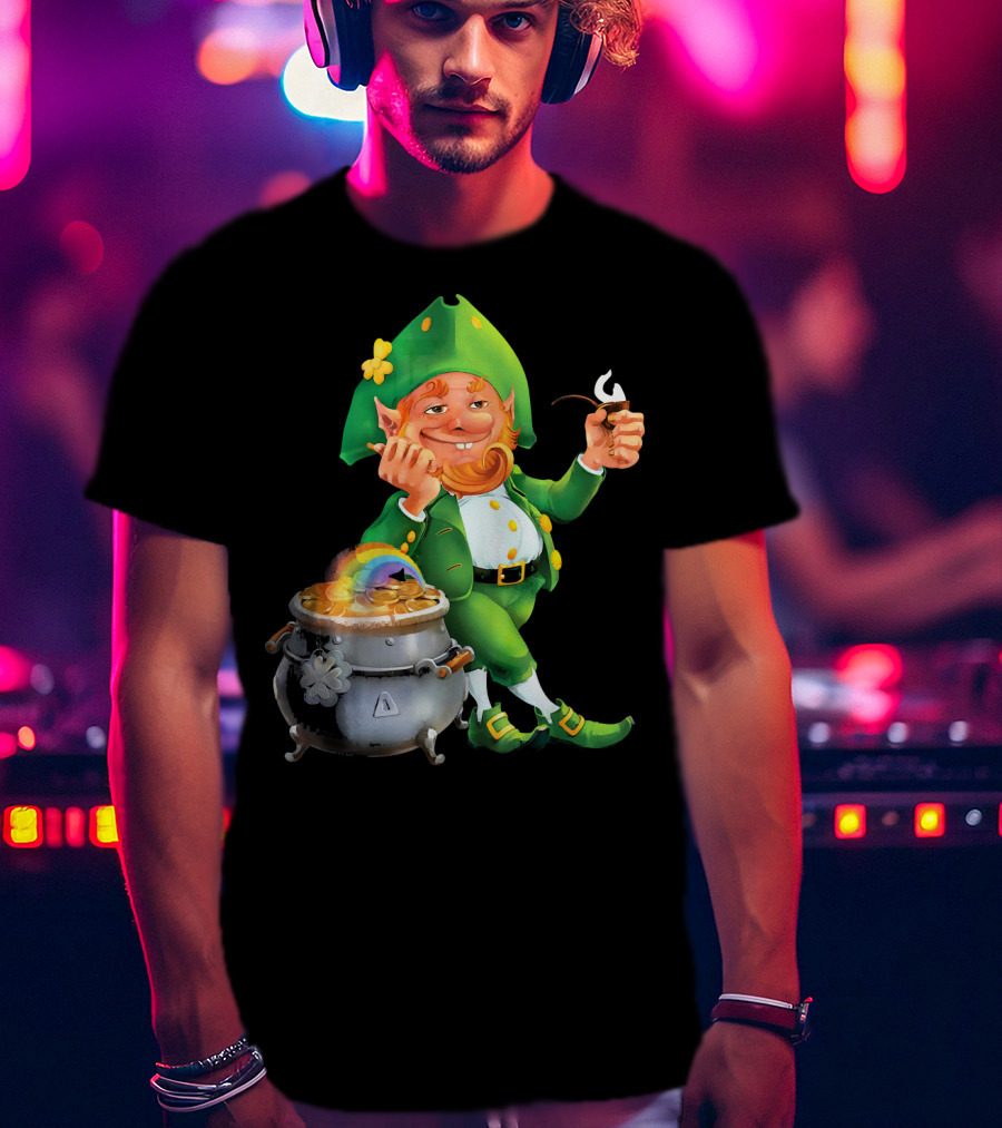 Cool Leprechaun With Rainbow And Gold Pot T-Shirt