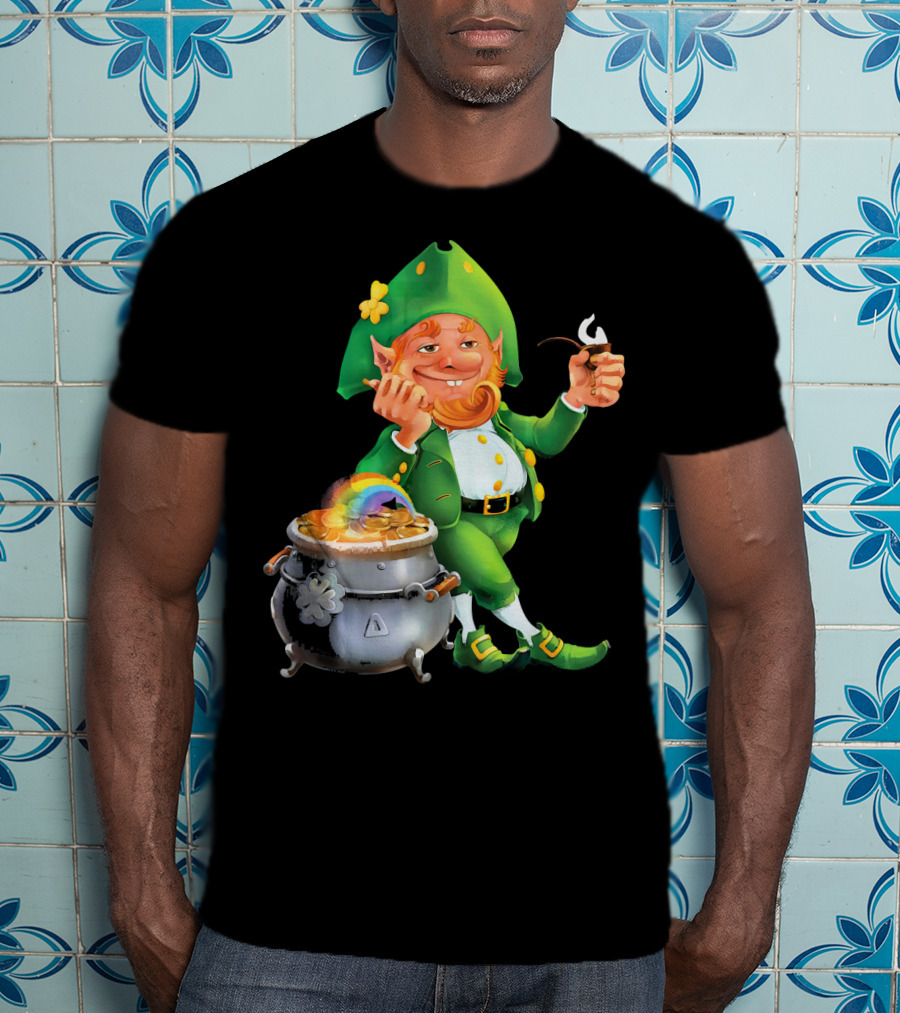 Cool Leprechaun With Rainbow And Gold Pot T-Shirt
