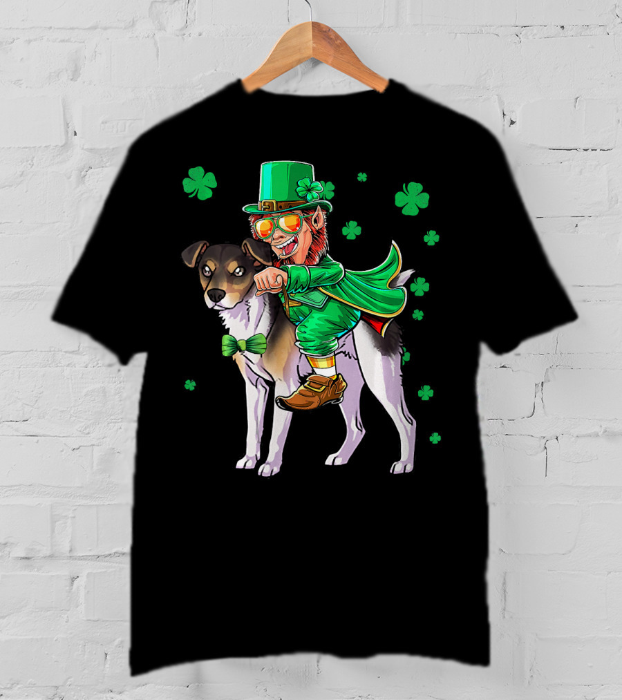Leprechaun Riding Rat Terrier With Shamrock Pattern St Patrick's Day T-Shirt