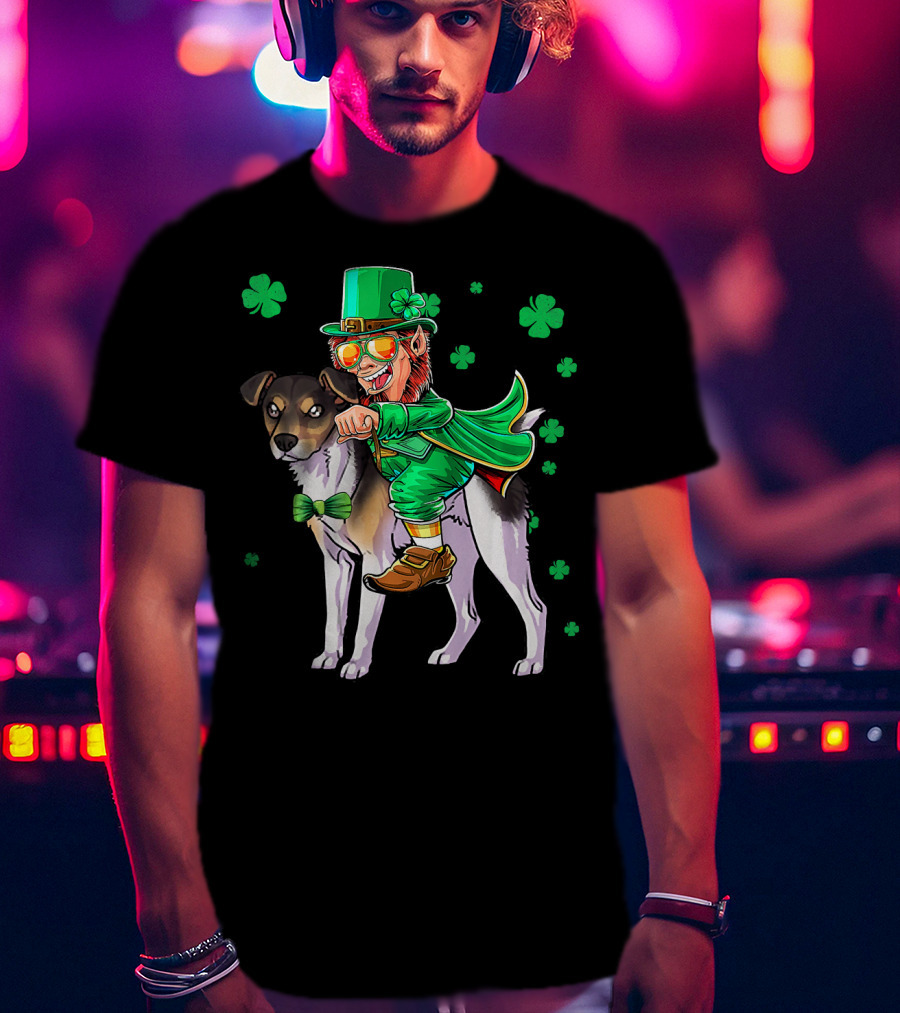 Leprechaun Riding Rat Terrier With Shamrock Pattern St Patrick's Day T-Shirt
