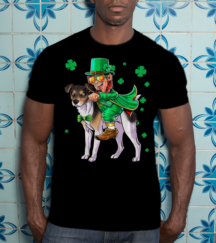 Leprechaun Riding Rat Terrier With Shamrock Pattern St Patrick's Day T-Shirt