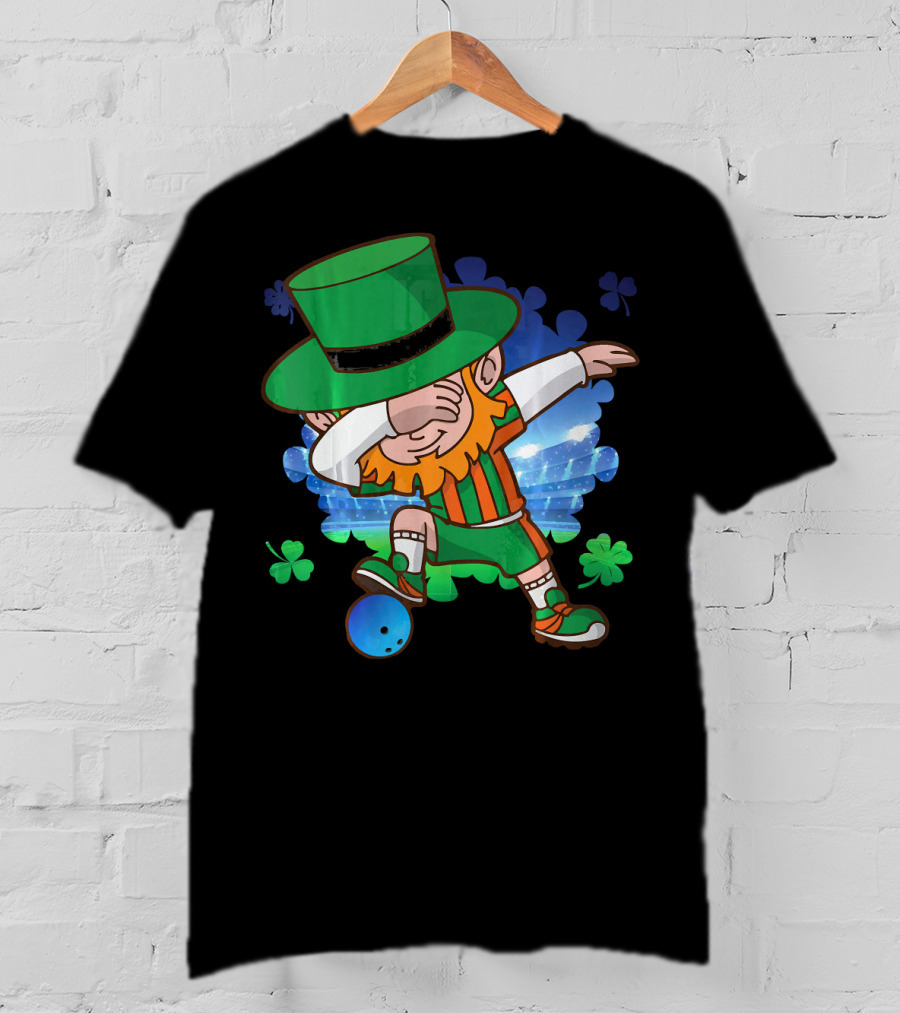Leprechaun Dabbing Bowling With Clover Accents T-Shirt
