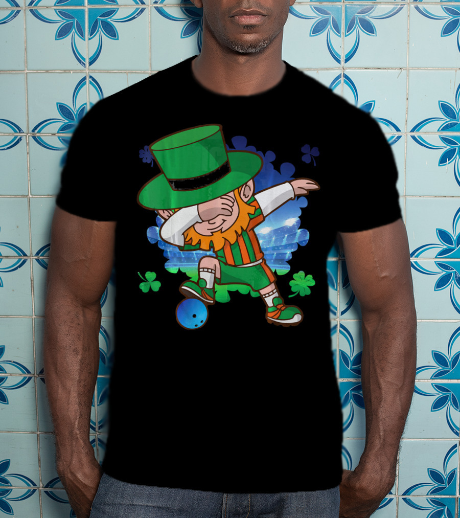 Leprechaun Dabbing Bowling With Clover Accents T-Shirt