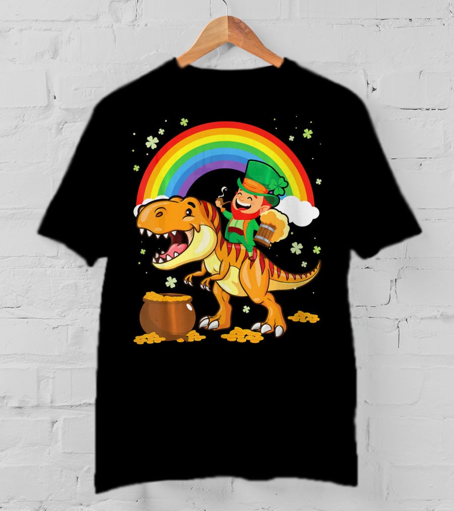 Leprechaun Drinking Beer Riding Dinosaur Under Rainbow With Pot Of Gold T-Shirt