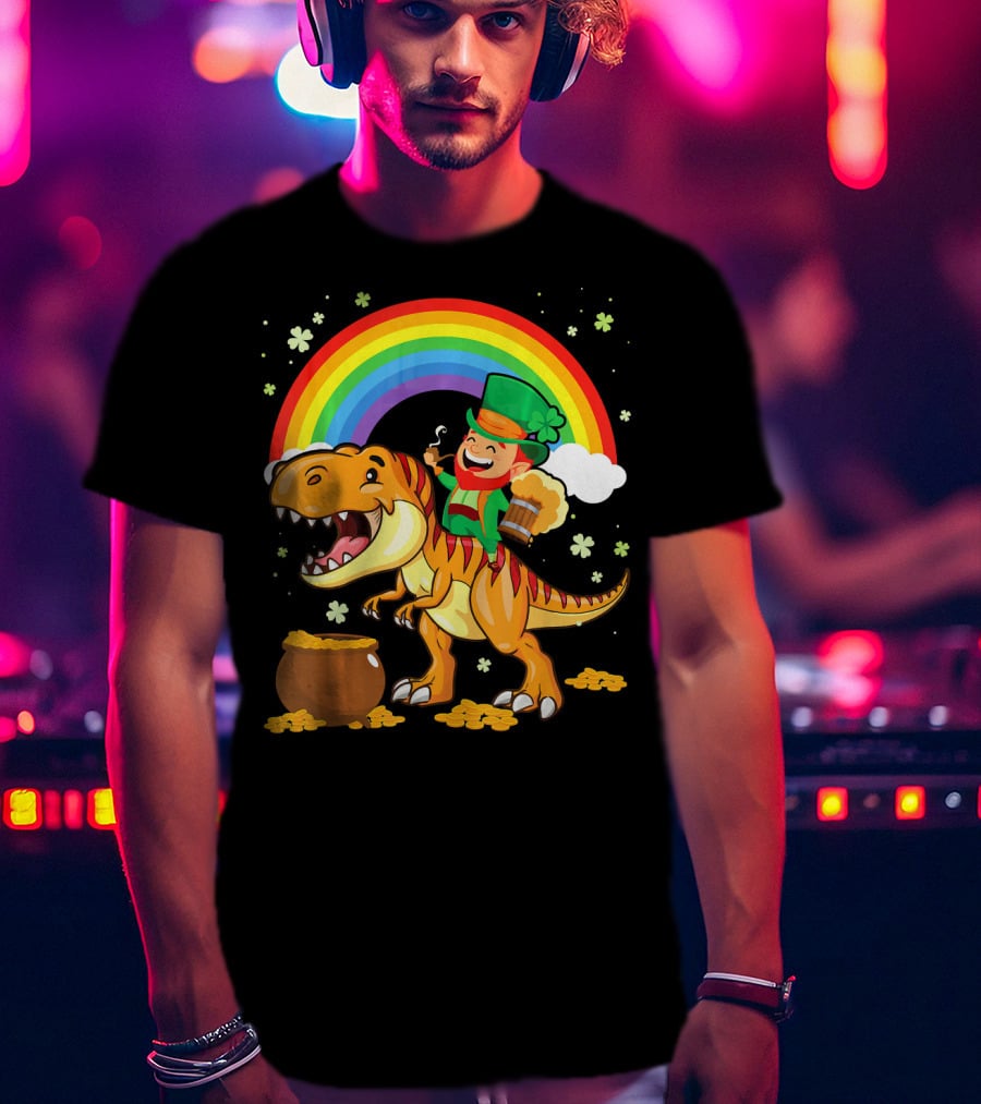 Leprechaun Drinking Beer Riding Dinosaur Under Rainbow With Pot Of Gold T-Shirt