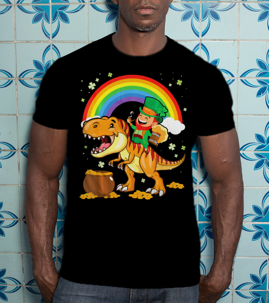 Leprechaun Drinking Beer Riding Dinosaur Under Rainbow With Pot Of Gold T-Shirt