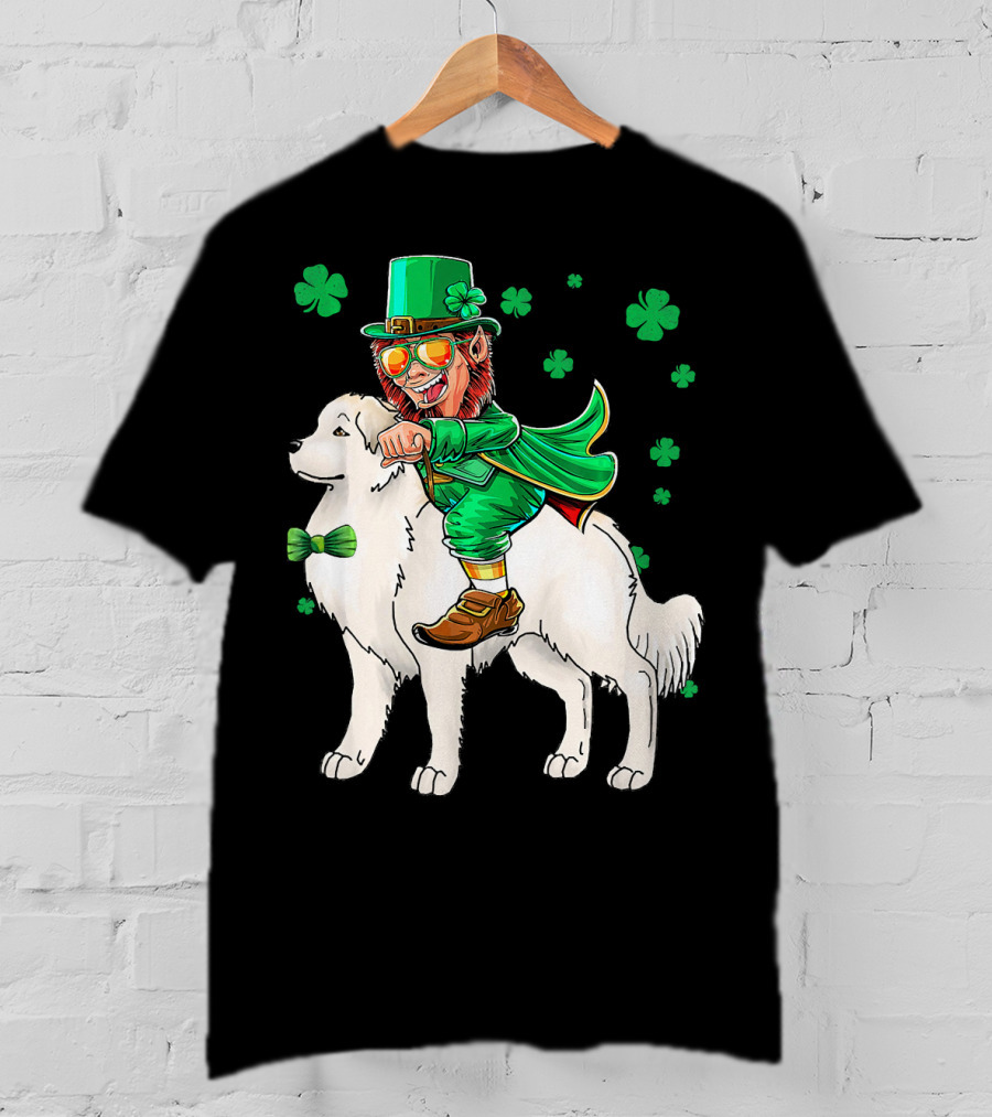 Great Pyrenees Leprechaun Riding Shamrock T-Shirt