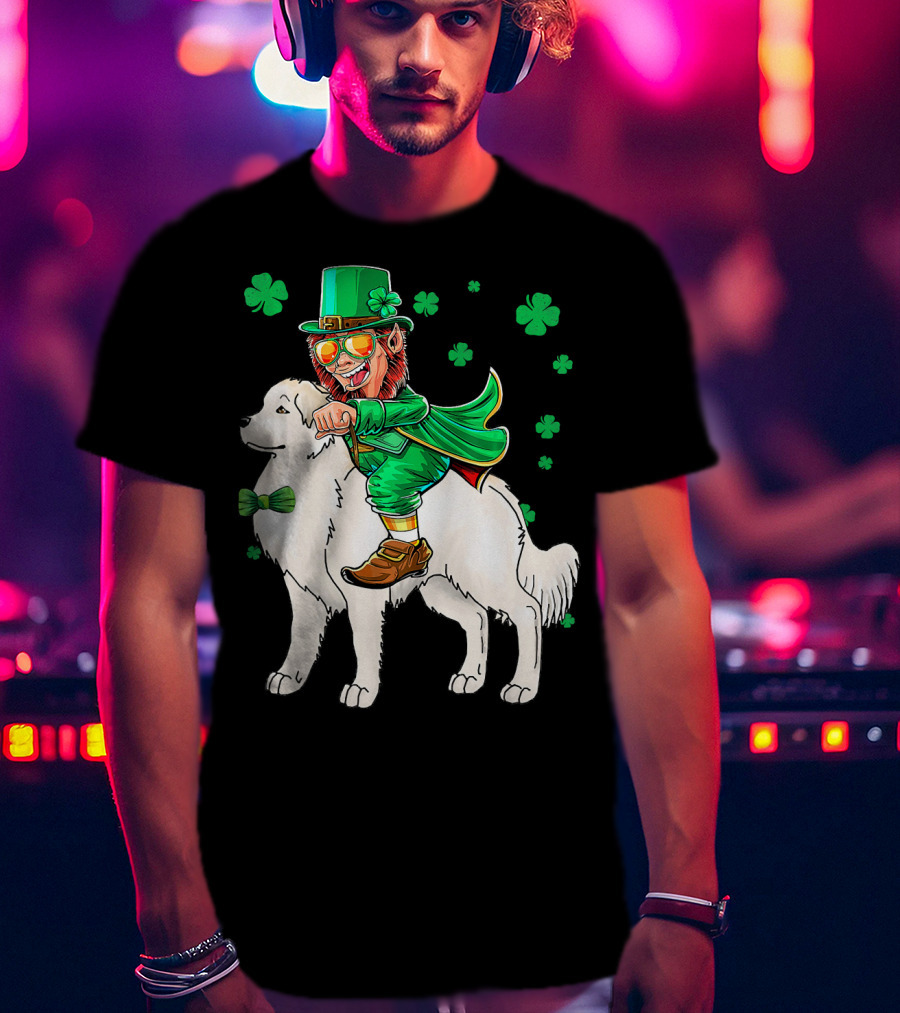 Great Pyrenees Leprechaun Riding Shamrock T-Shirt