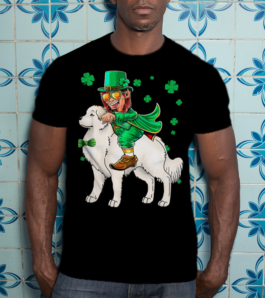 Great Pyrenees Leprechaun Riding Shamrock T-Shirt