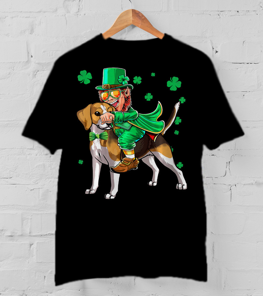 Leprechaun Riding Beagle With Shamrocks For St. Patrick's Day T-Shirt