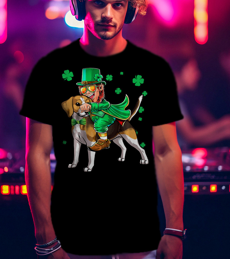 Leprechaun Riding Beagle With Shamrocks For St. Patrick's Day T-Shirt