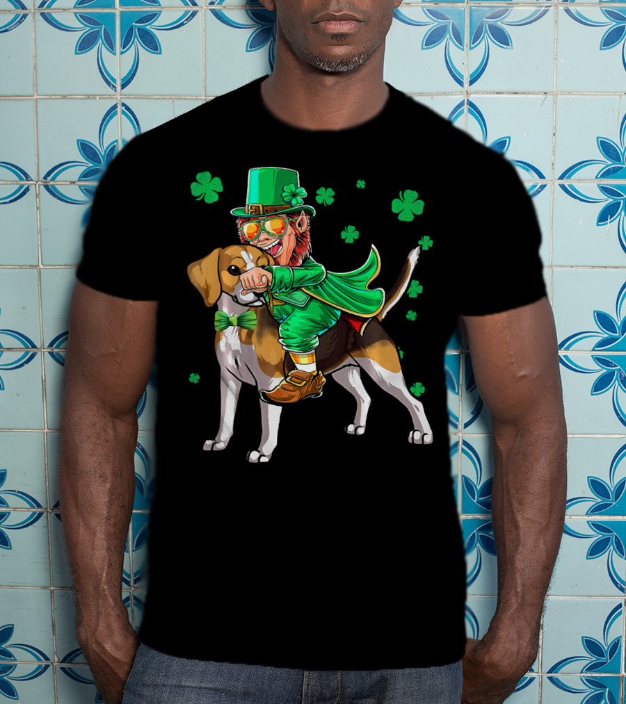Leprechaun Riding Beagle With Shamrocks For St. Patrick's Day T-Shirt