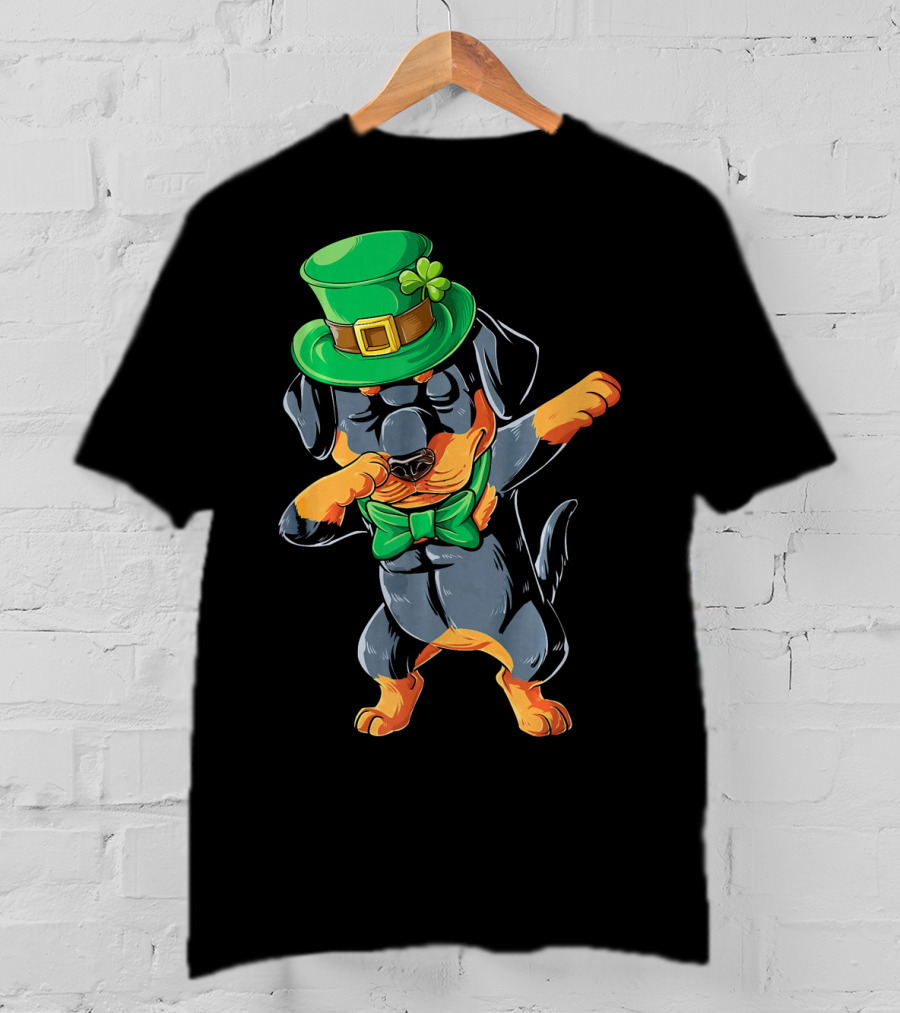 Dabbing Rottweiler St. Patrick's Day Hat And Bow Tie T-Shirt