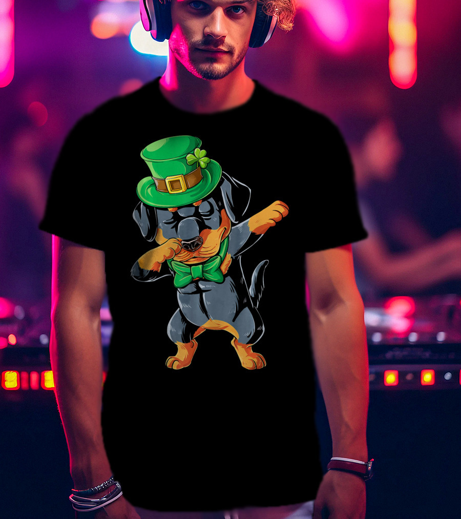 Dabbing Rottweiler St. Patrick's Day Hat And Bow Tie T-Shirt