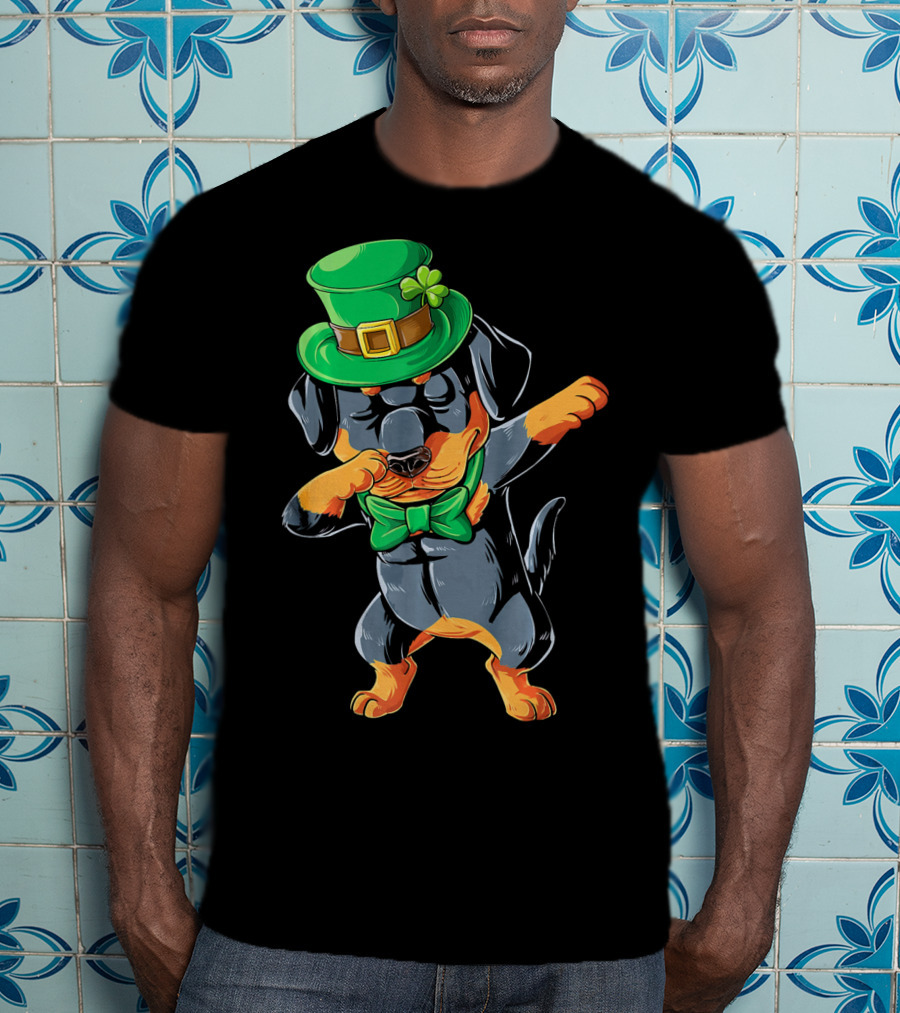 Dabbing Rottweiler St. Patrick's Day Hat And Bow Tie T-Shirt