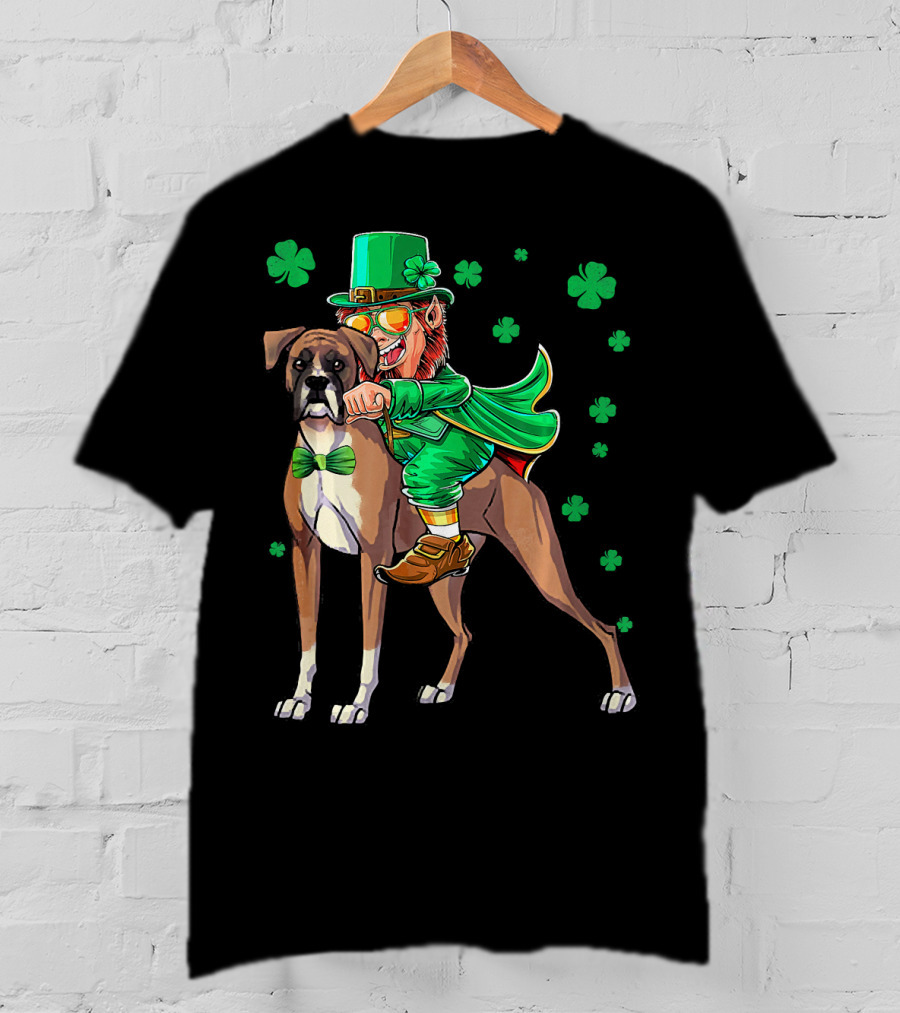 Leprechaun Riding Boxer Dog With Shamrocks St. Patrick's Day T-Shirt