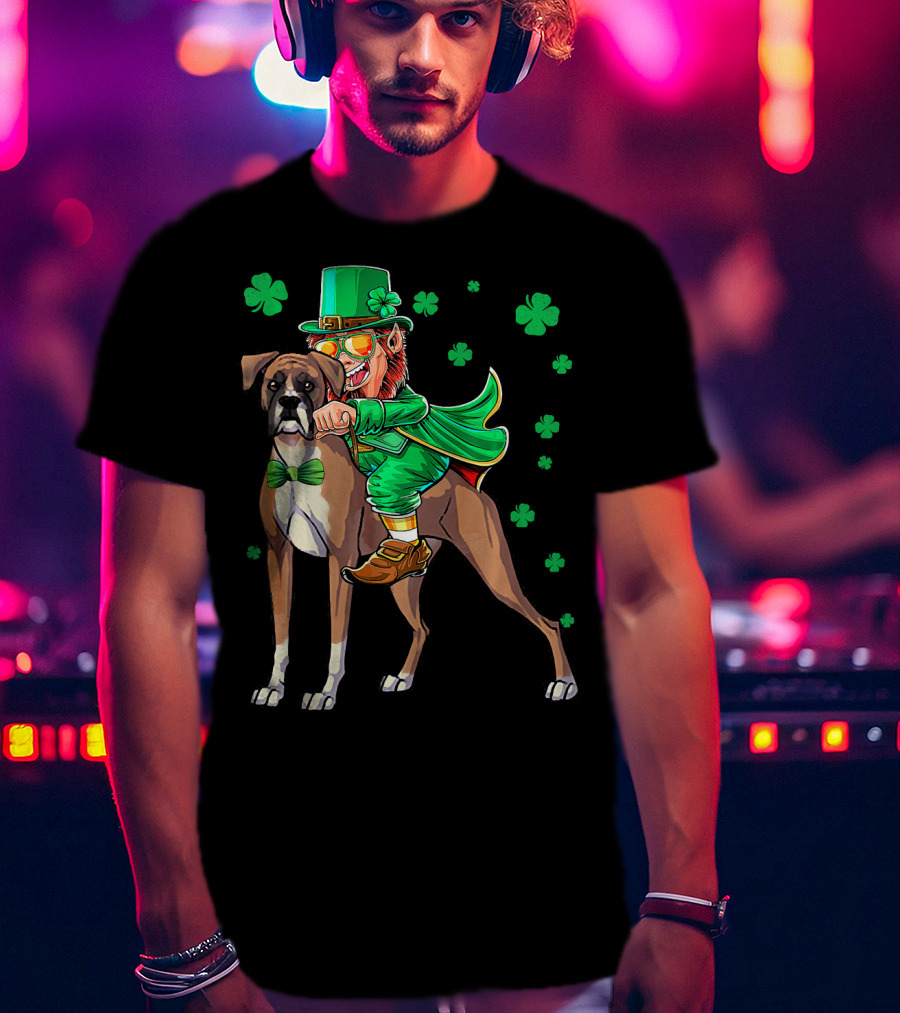 Leprechaun Riding Boxer Dog With Shamrocks St. Patrick's Day T-Shirt