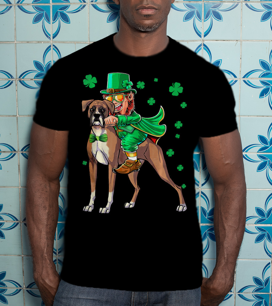 Leprechaun Riding Boxer Dog With Shamrocks St. Patrick's Day T-Shirt