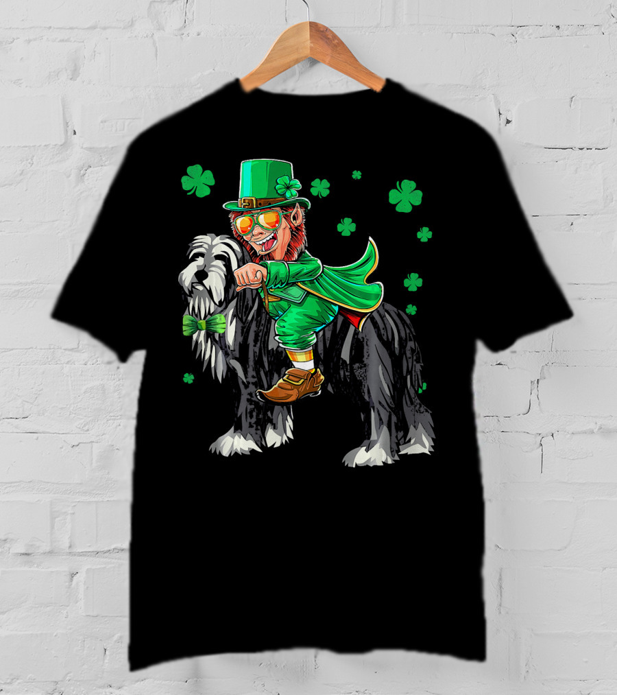 Leprechaun Riding Bearded Collie With Shamrocks T-Shirt