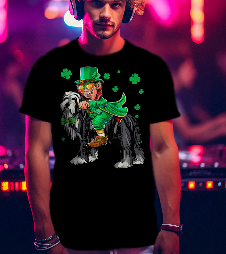 Leprechaun Riding Bearded Collie With Shamrocks T-Shirt