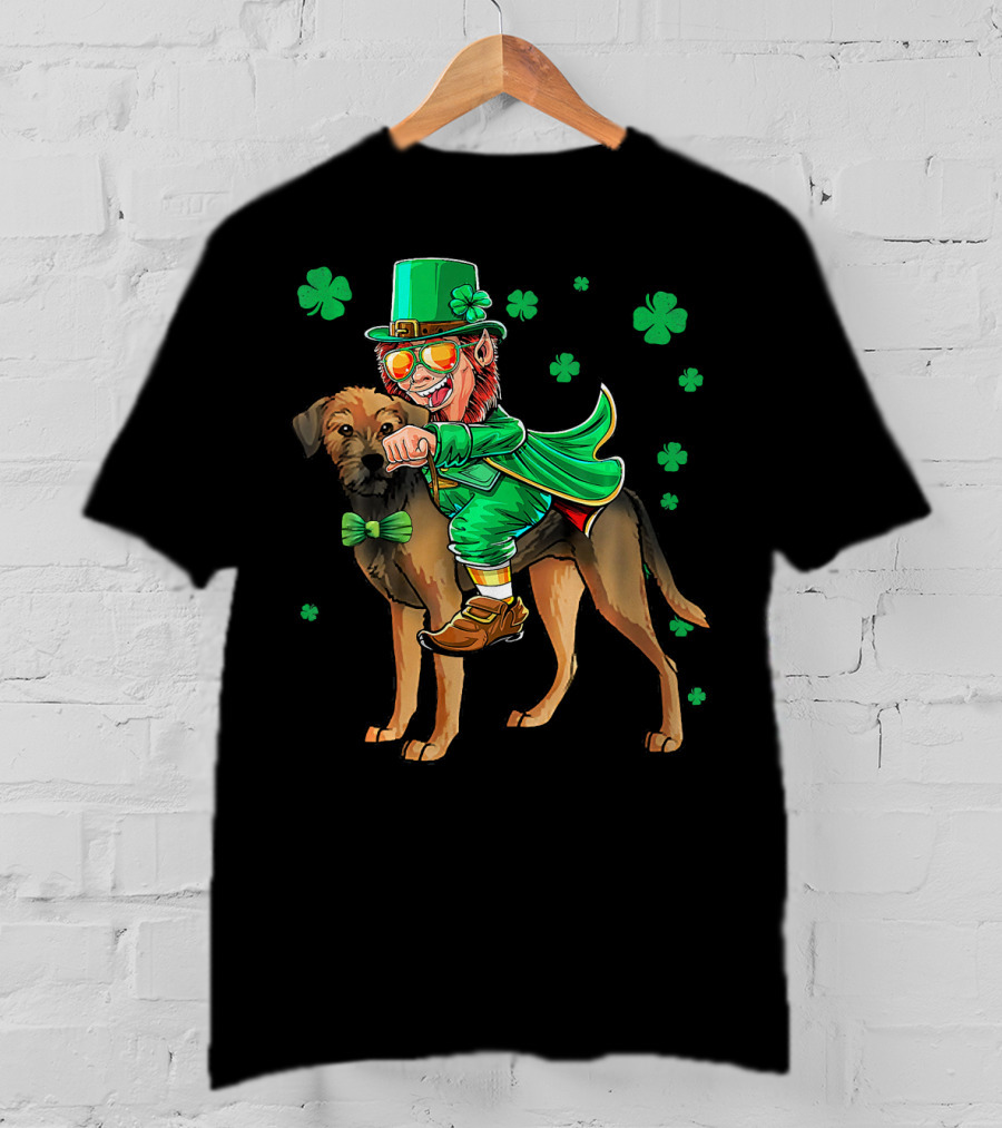 Leprechaun Riding Border Terrier With Shamrocks T-Shirt
