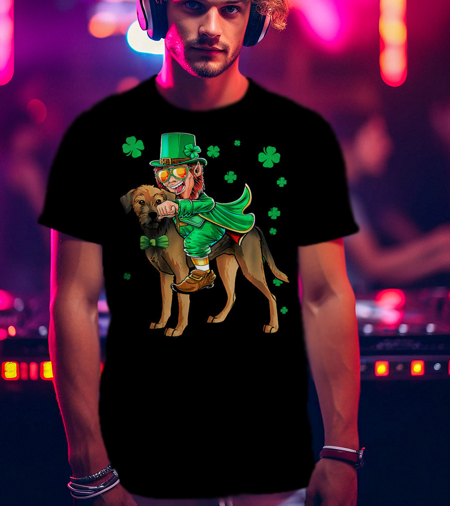 Leprechaun Riding Border Terrier With Shamrocks T-Shirt