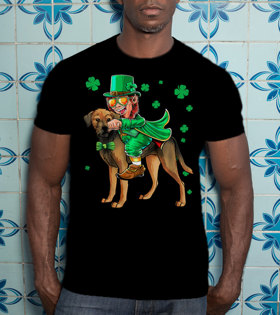 Leprechaun Riding Border Terrier With Shamrocks T-Shirt