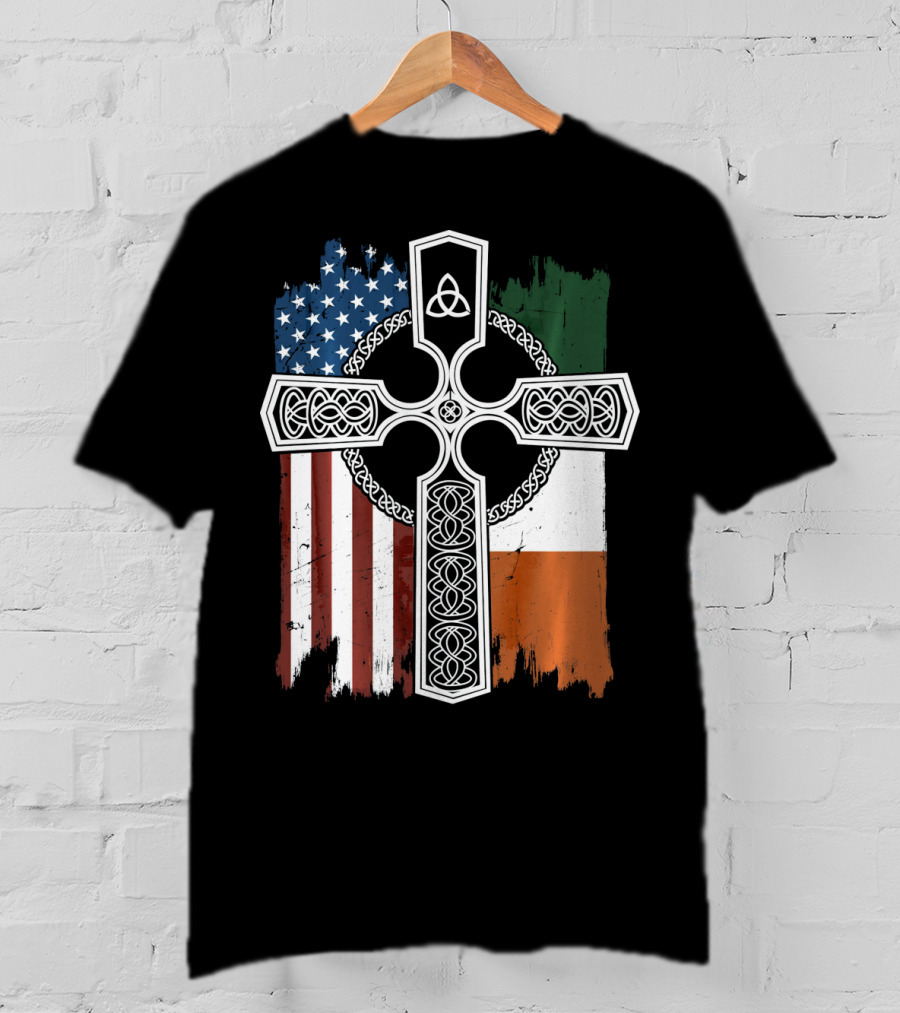 American Irish Flag Celtic Cross With Triquetra T-Shirt