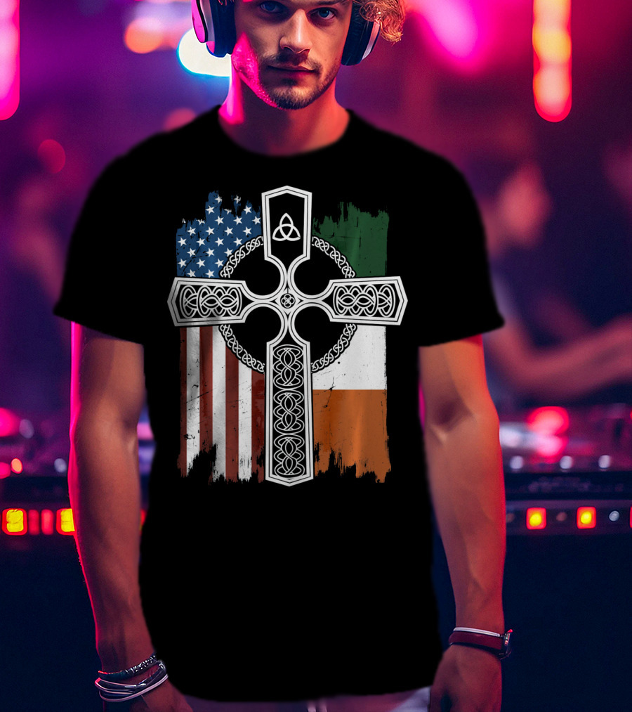 American Irish Flag Celtic Cross With Triquetra T-Shirt