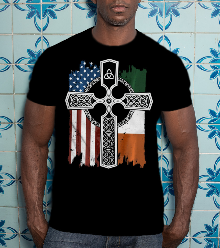 American Irish Flag Celtic Cross With Triquetra T-Shirt