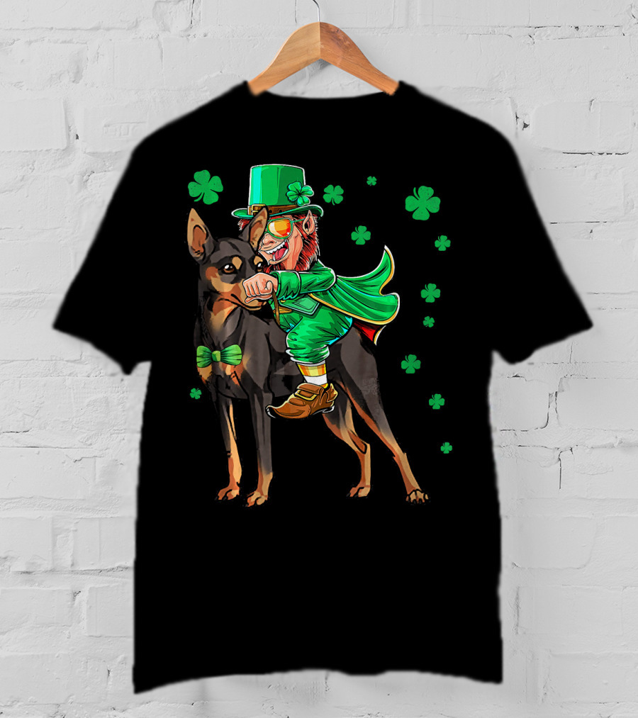 Leprechaun Miniature Pinscher Riding Shamrock Adventure T-Shirt