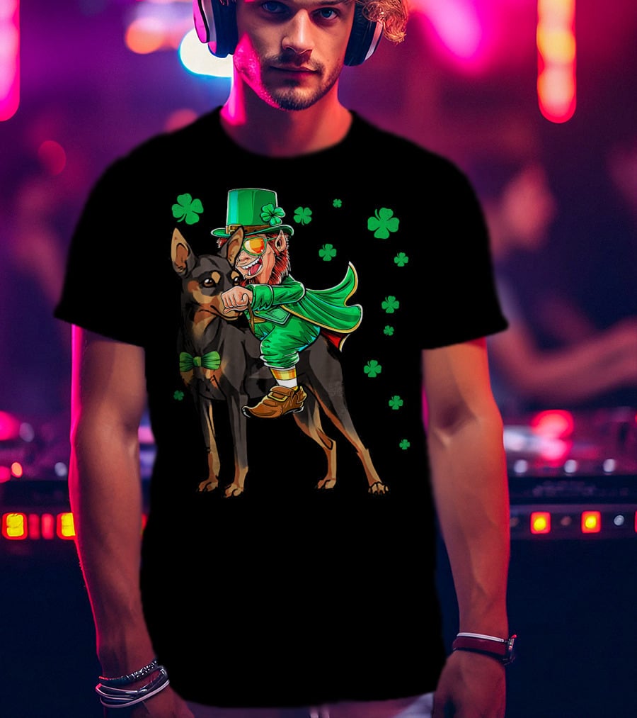 Leprechaun Miniature Pinscher Riding Shamrock Adventure T-Shirt