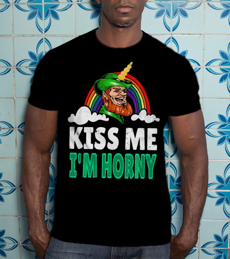 Kiss Me I'm Horny St Patricks Day Lepricorn Rainbow T-Shirt