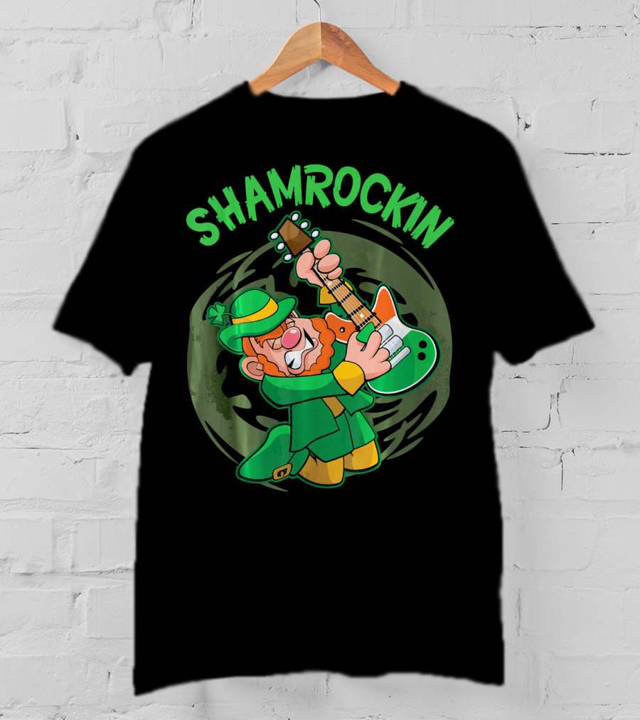 Shamrockin Leprechaun Playing Guitar In Green T-Shirt