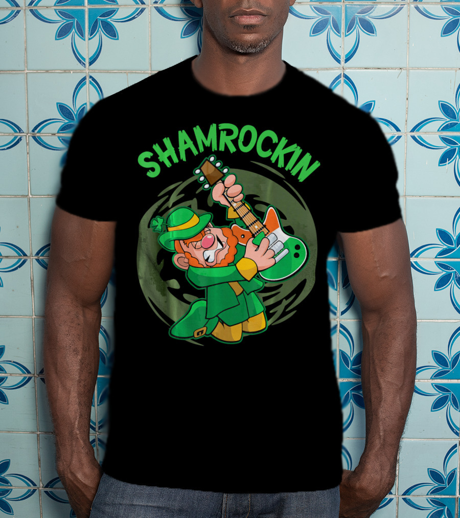 Shamrockin Leprechaun Playing Guitar In Green T-Shirt