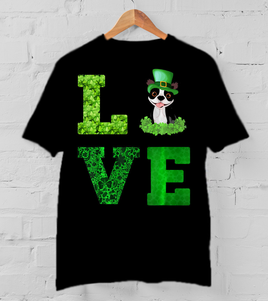 Love Boston Terrier St Patricks Day Clover Hat T-Shirt