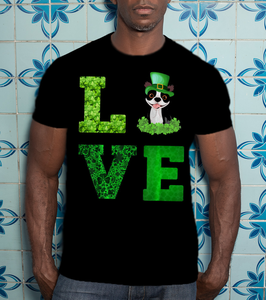 Love Boston Terrier St Patricks Day Clover Hat T-Shirt