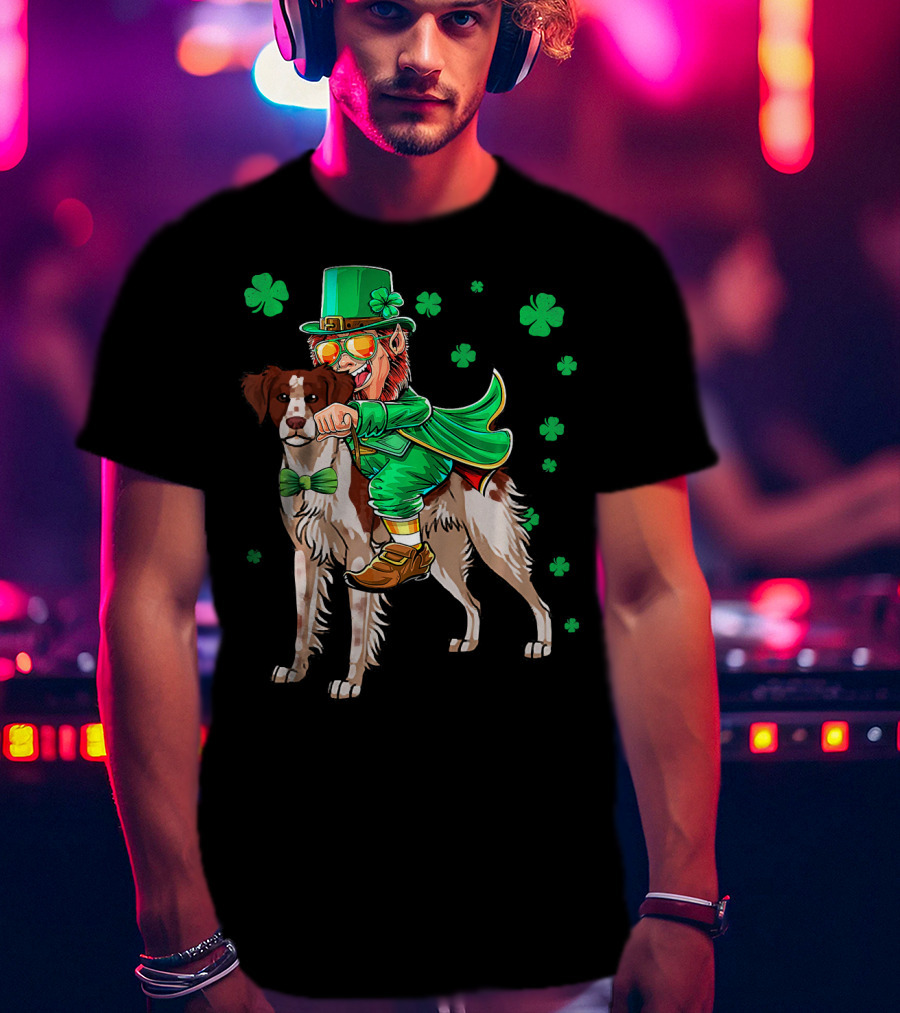 Leprechaun Rides Brittany Spaniel With Shamrock Accents T-Shirt